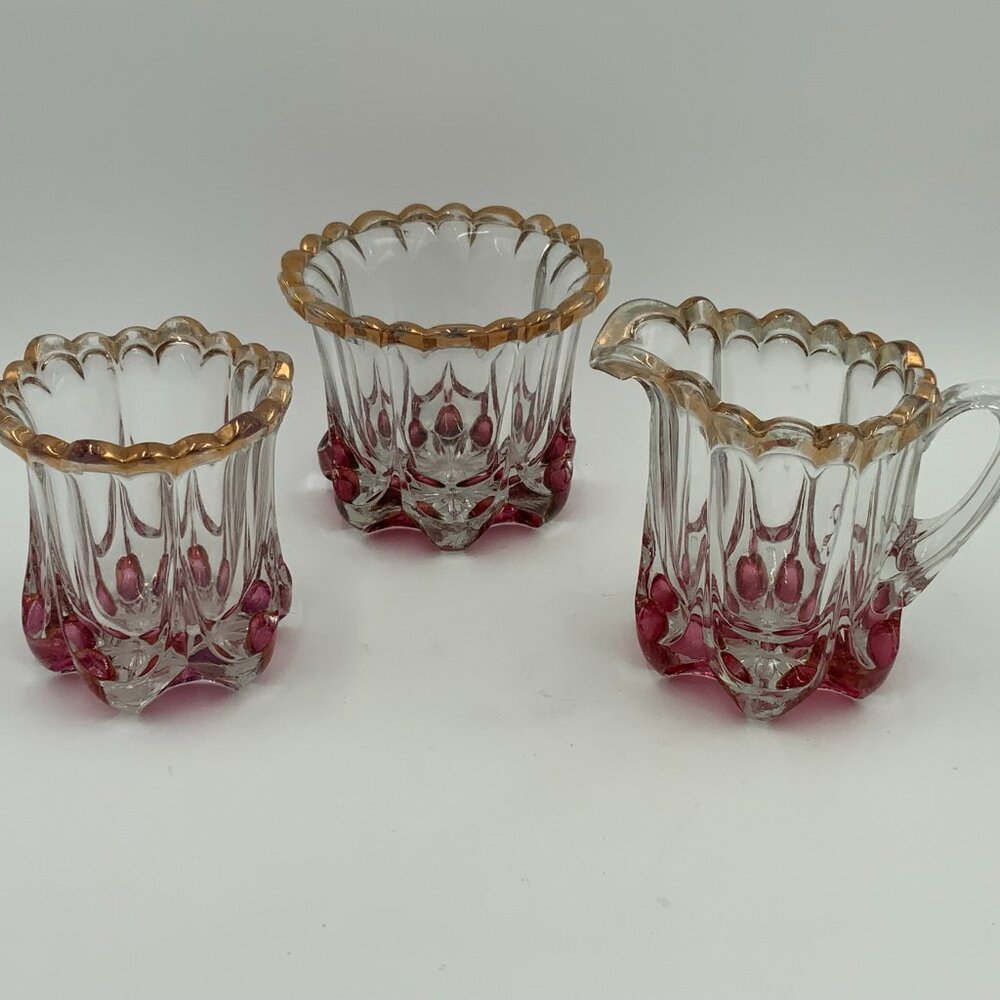 3 EAPG c 1912 Antique US Glass Pink Stain Elephant Toes Creamer, Sugar, Spooner